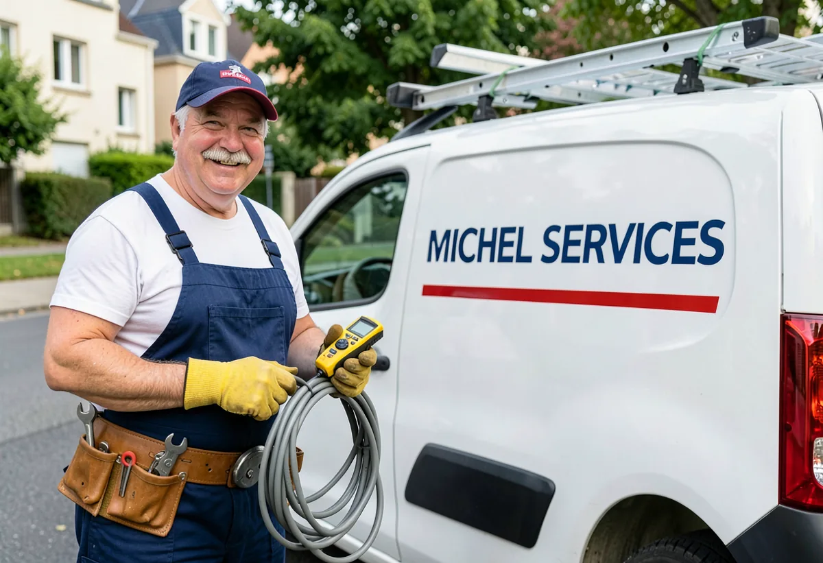 Un artisan Michel Services et son Peugeot Partner, electricien en intervention