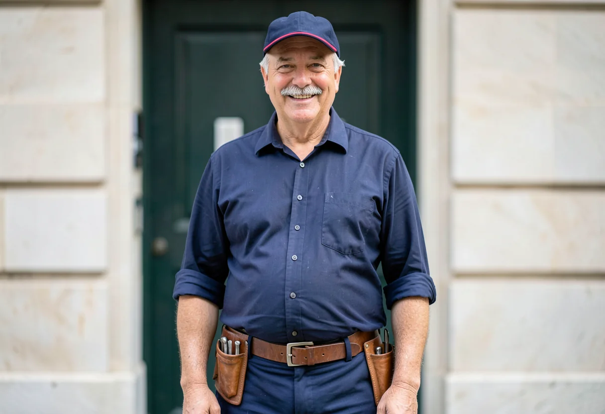Michel, artisan dépanneur, devant l'entrée d'un immeuble en Île-de-France