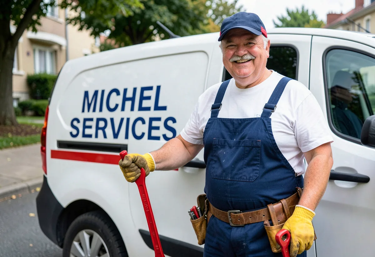 Un artisan Michel Services et son Peugeot Partner, plombier en intervention