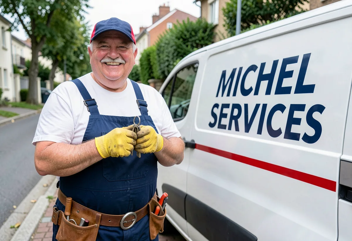 Un artisan Michel Services et son Peugeot Partner, serrurier en intervention